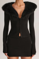 Knit Faux-Fur-Trim Cardigan in Black