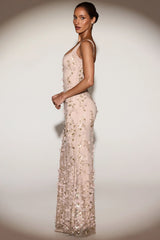 Embellished Appliqué Soft-Scoop Corset Gown in Gold
