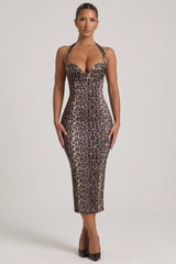 Layered Halterneck Bodycon Midi Dress in Leopard Print