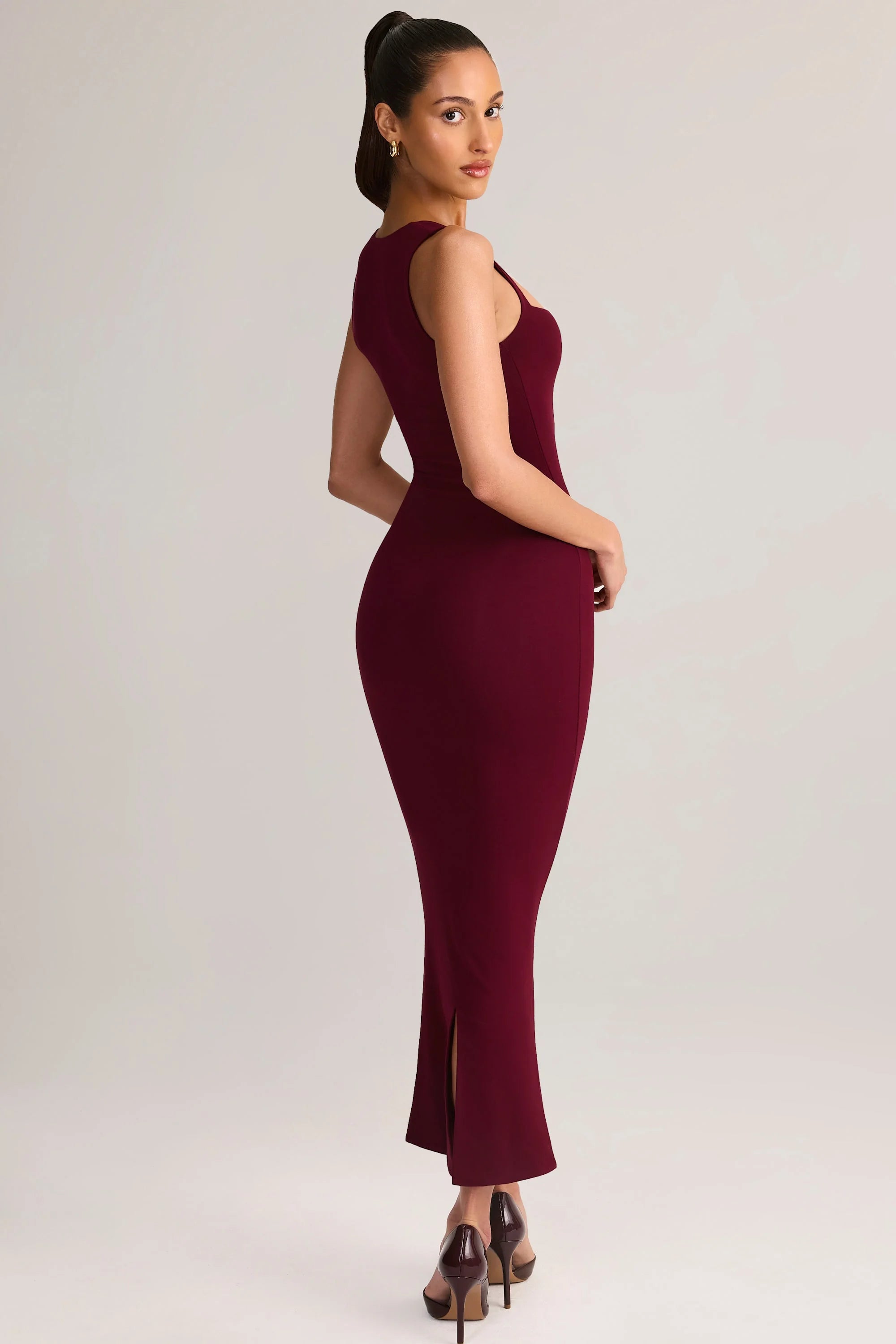 Modal Square-Neck Bodycon Midi Dress in Wine