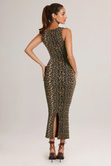Modal Square-Neck Bodycon Midi Dress in Leopard Print