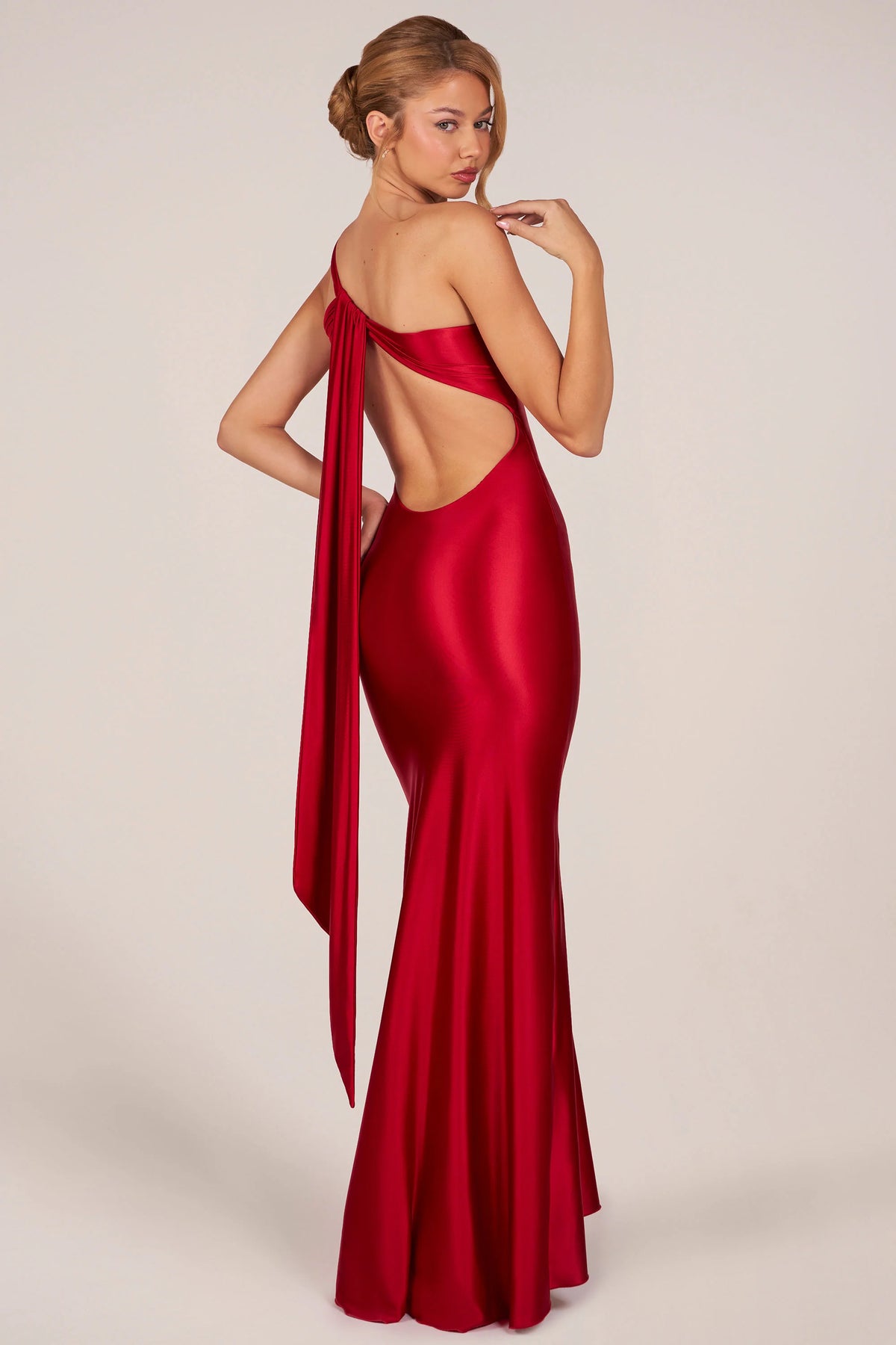 Asymmetric Tie-Back Gown in Rose Red