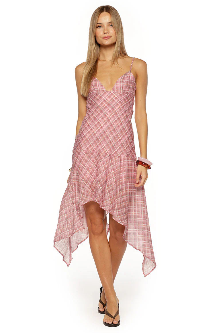 Milla Pink Plaid Hanky Hem Midi Dress