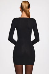 Ribbed Modal Long-Sleeve Draped Mini Dress in Black