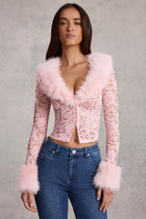 Sheer Lace Faux-Fur-Trim Cardigan in Pink
