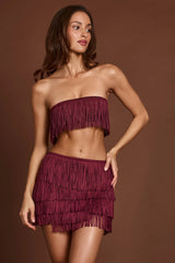 Fringed Bandeau Lace-up Crop Top in Wine Red