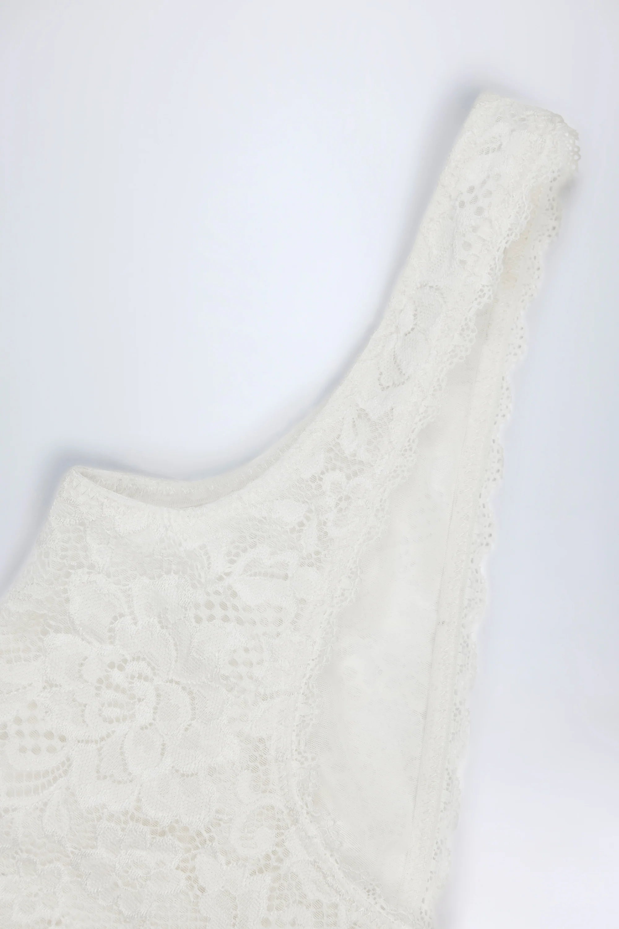 Sheer Lace Scalloped Plunge-Neck Bodysuit in White