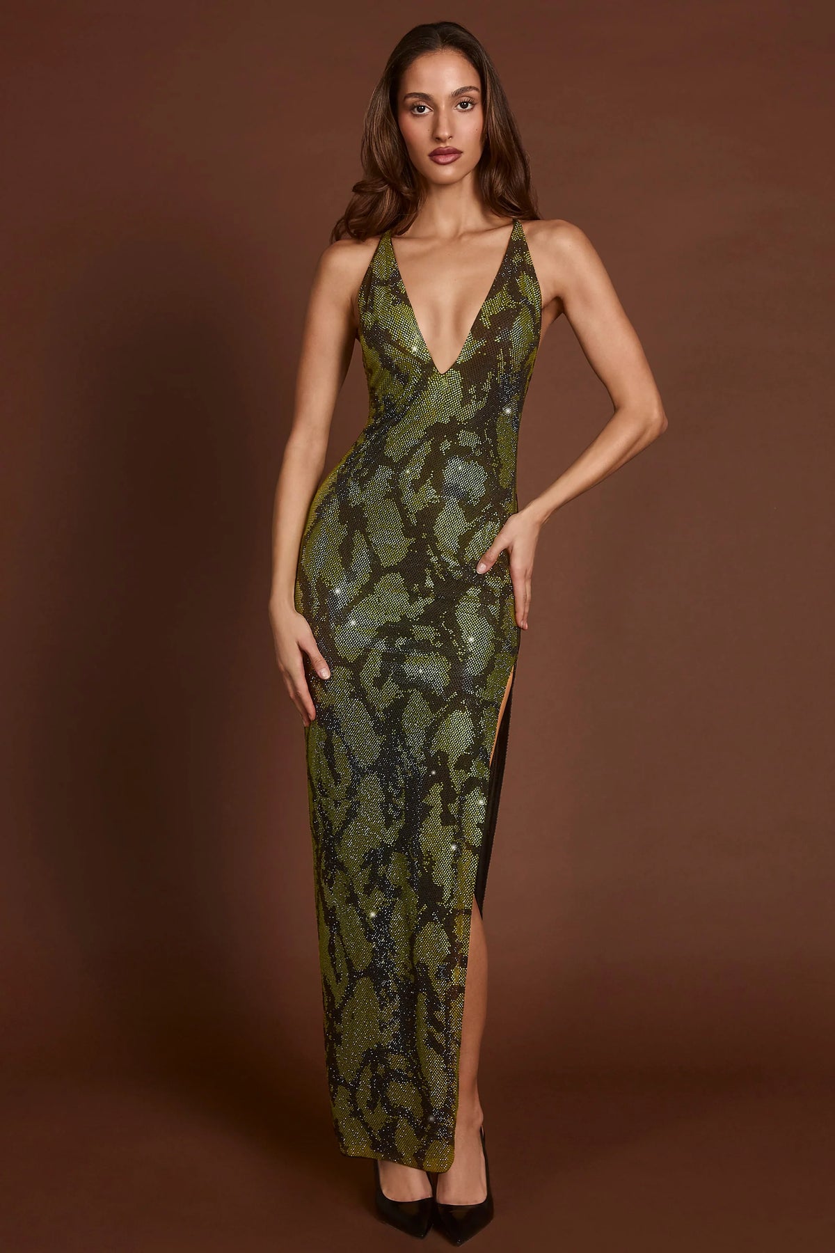 Embellished Halterneck Maxi Dress in Green Snake