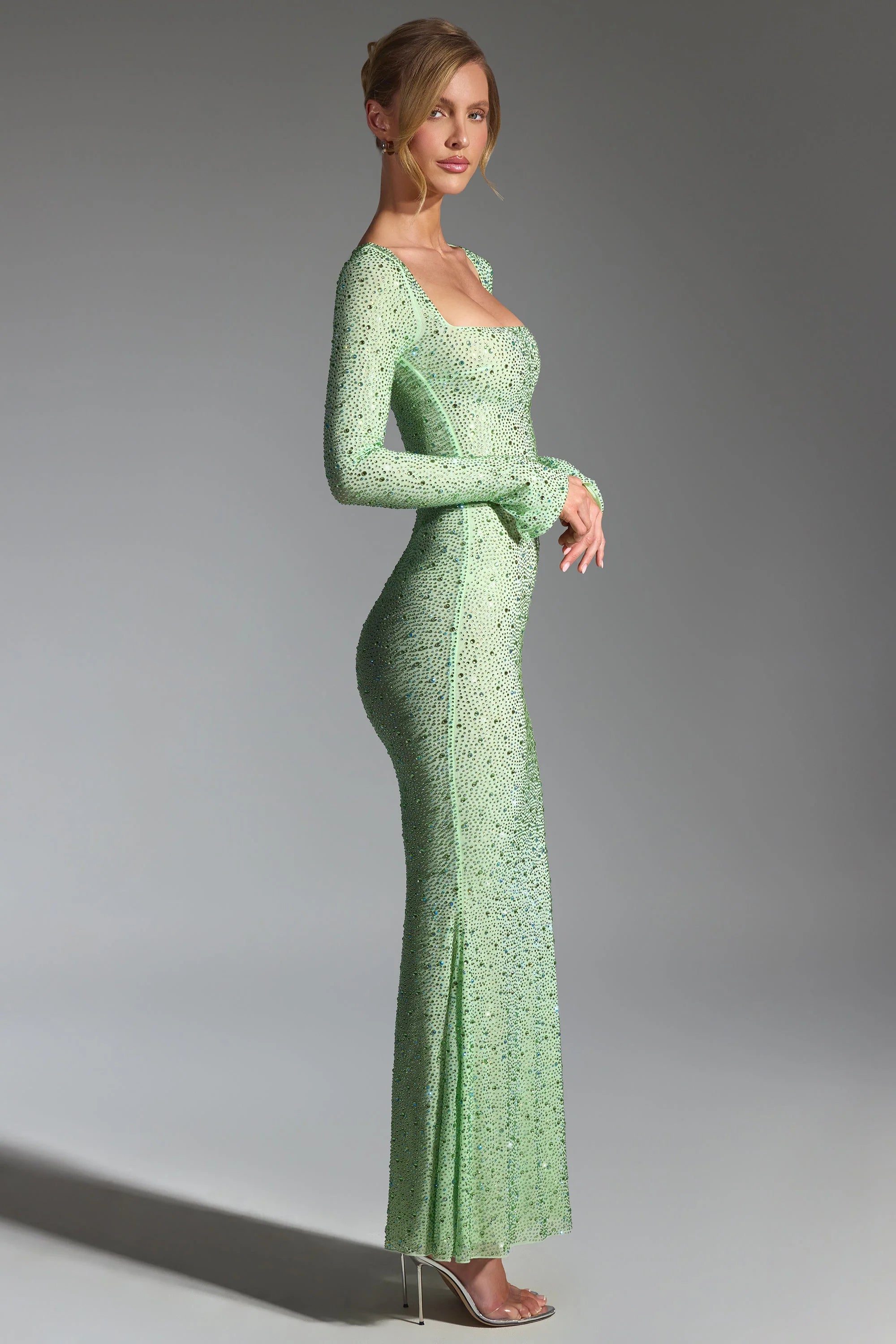 Embellished Long-Sleeve Fishtail Maxi Dress in Pistachio