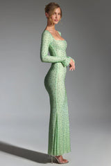 Embellished Long-Sleeve Fishtail Maxi Dress in Pistachio