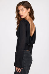 Sheer Jersey Long-Sleeve Backless Top in Black