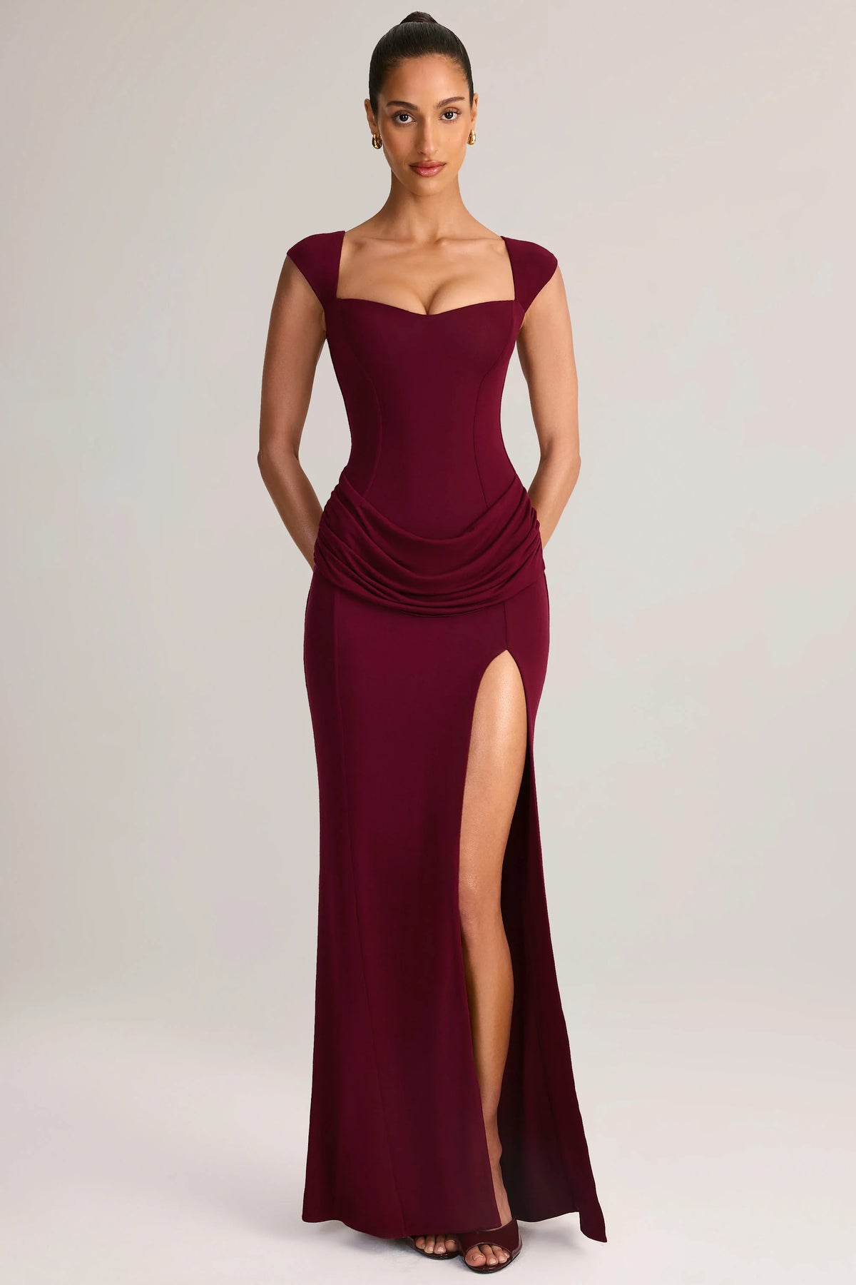 Modal Sweetheart-Neck Cowl-Waist Maxi Dress in Wine