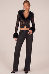 Sheer Lace Faux-Fur-Trim Cardigan in Black