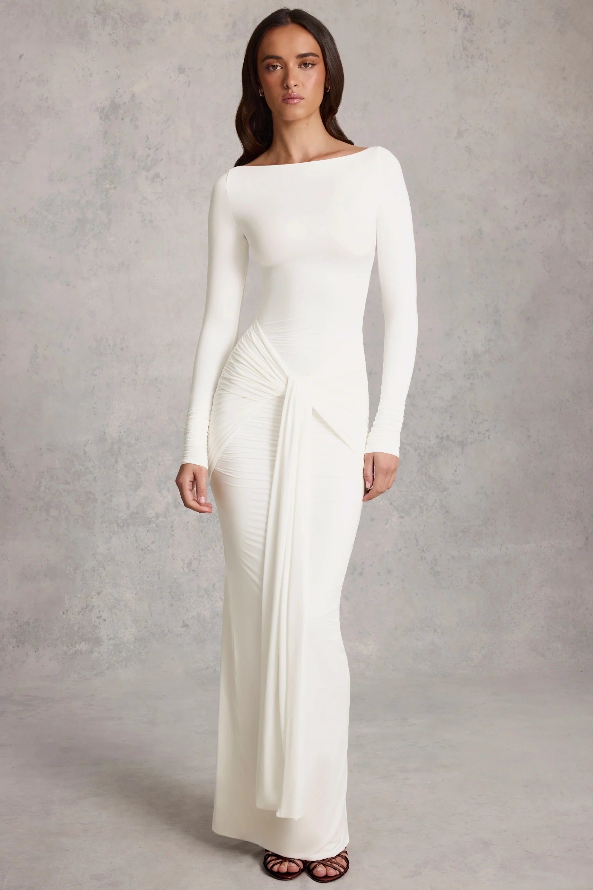 Soft Jersey Boat-Neck Tie-Gather Maxi Dress in White
