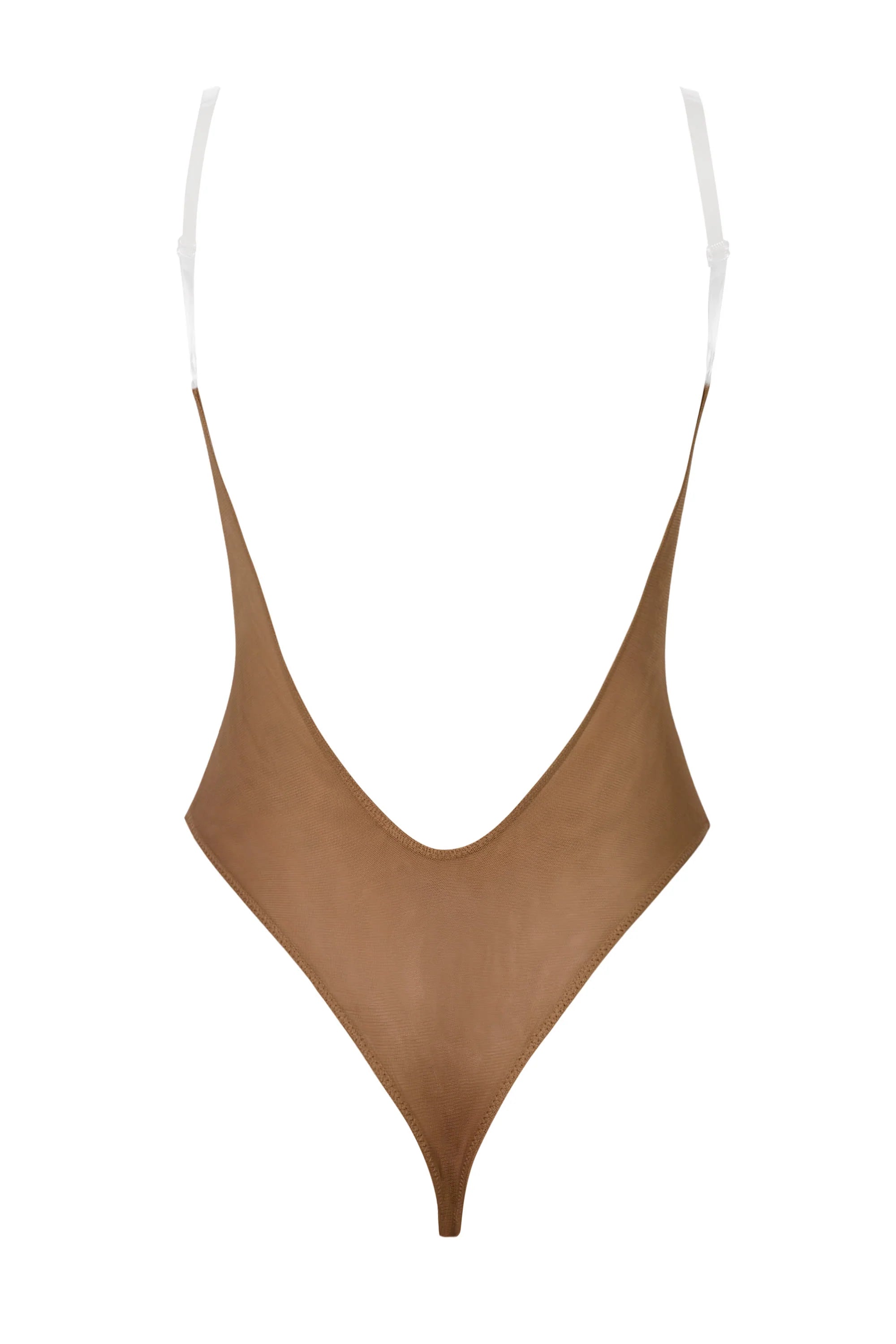 Soft Mesh Clear Strap Bodysuit in Almond