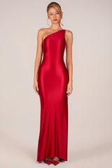 Asymmetric Tie-Back Gown in Rose Red
