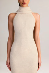 Rib-Knit Scarf-Detail Halterneck Maxi Dress in Cream