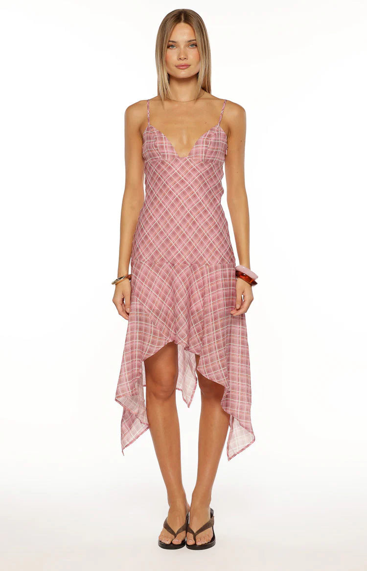 Milla Pink Plaid Hanky Hem Midi Dress