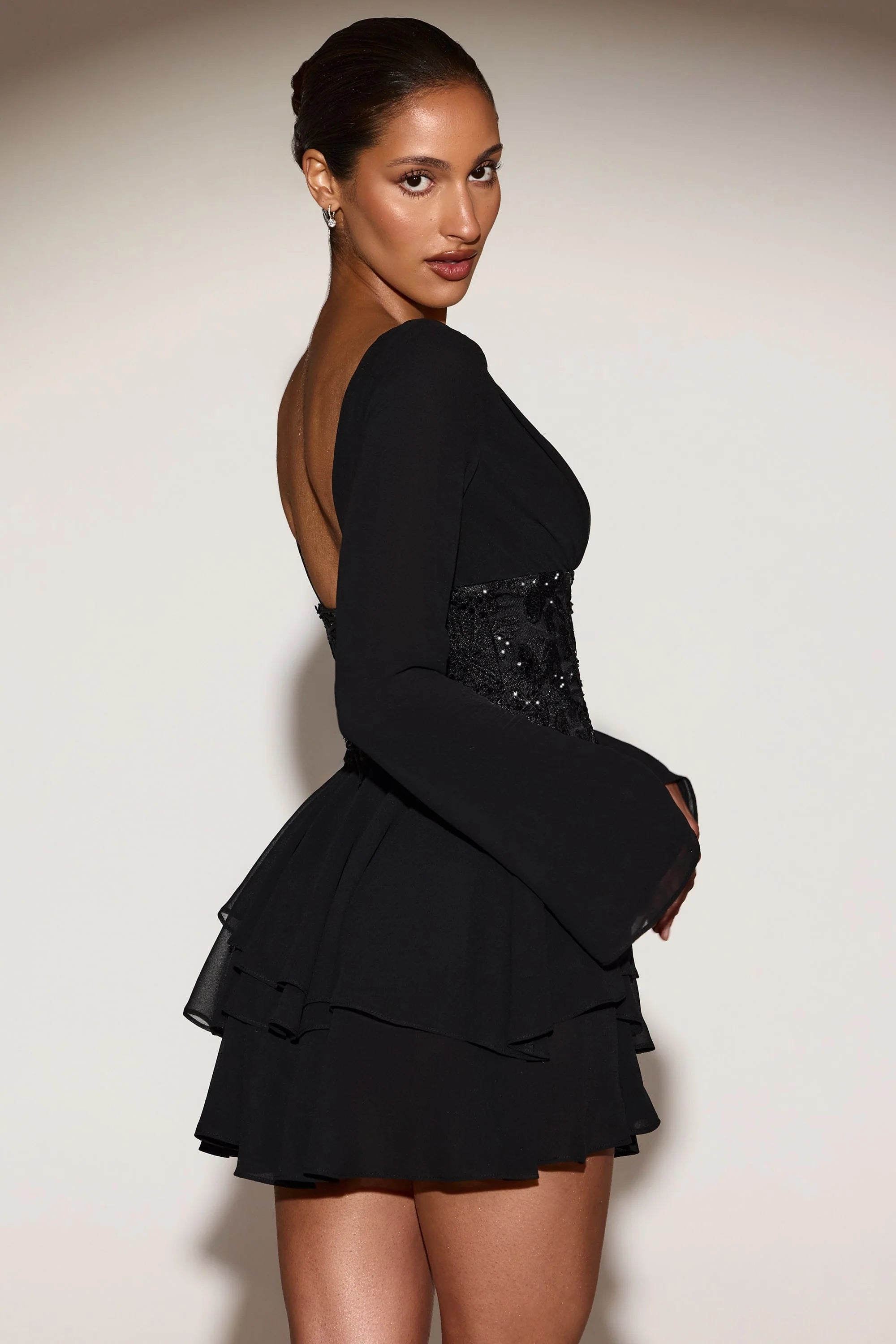 Chiffon Embellished Corset A-line Mini Dress in Black