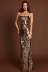 Embellished Straight-Neck Maxi Dress in Black Gold Foil