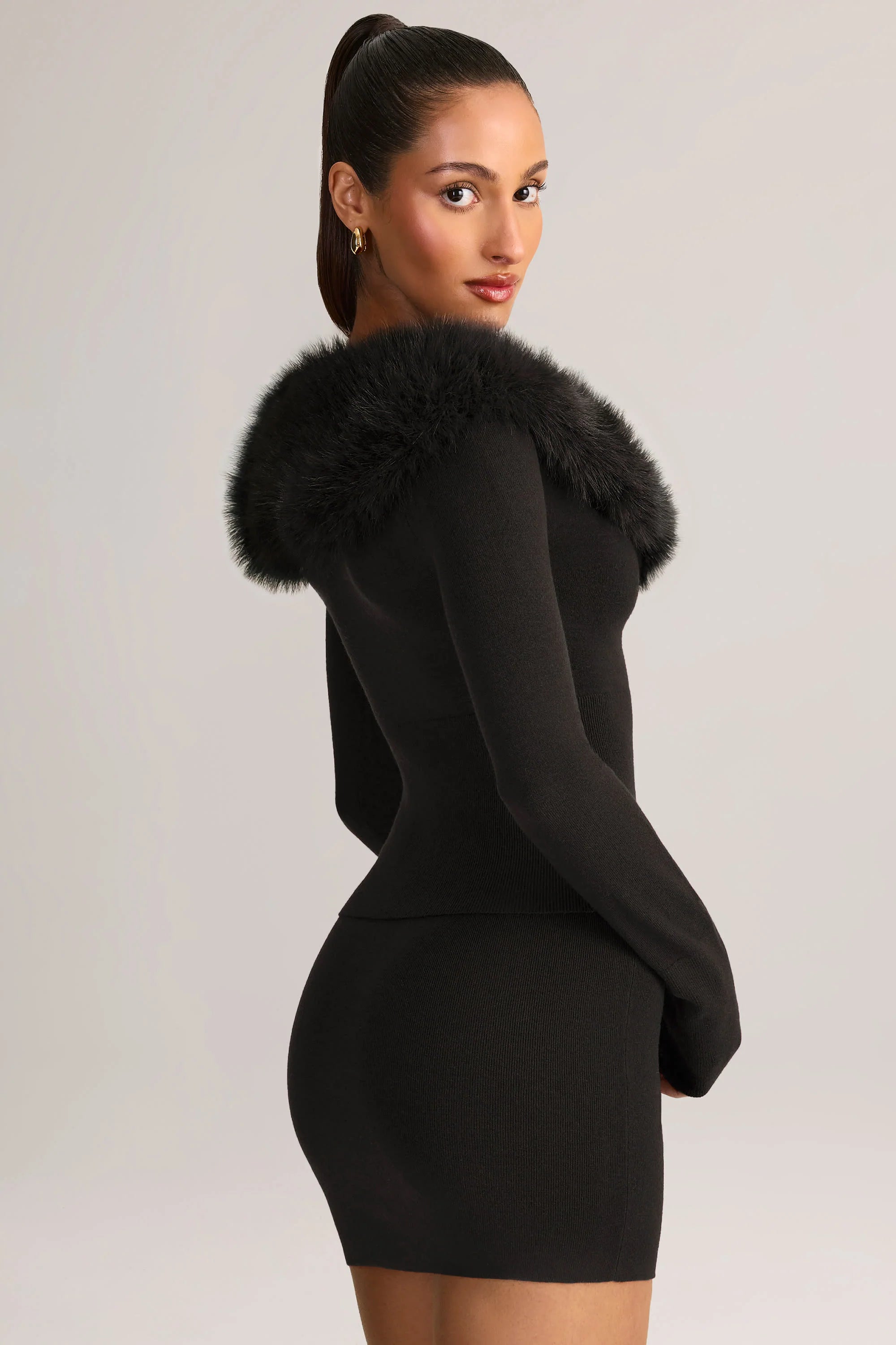 Knit Faux-Fur-Trim Cardigan in Black
