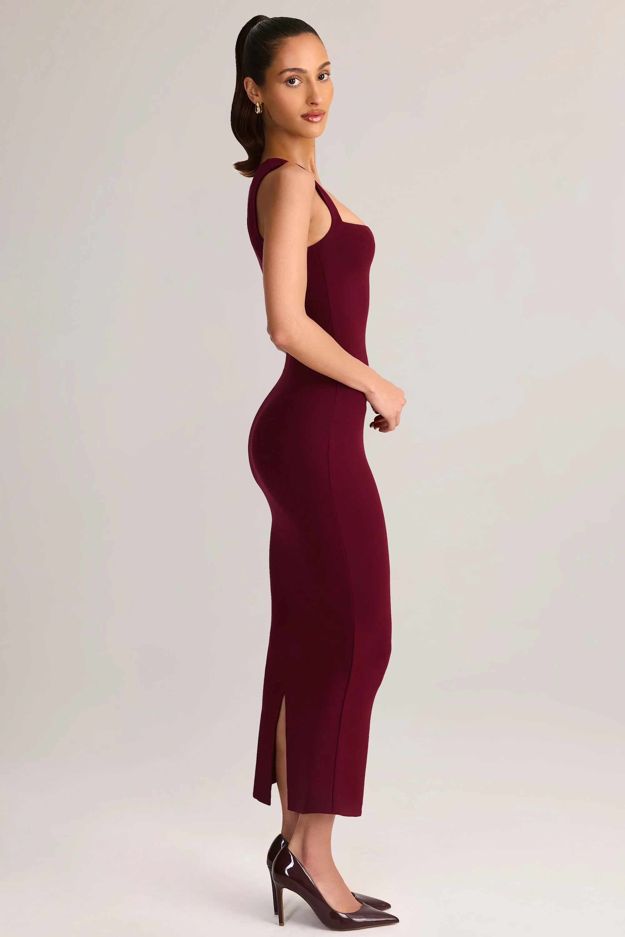 Modal Square-Neck Bodycon Midi Dress in Wine