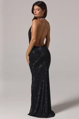 Embellished Cowl-Neck Backless Gown in Black