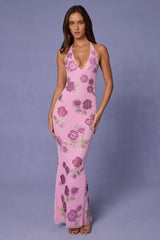 Embellished Halterneck Maxi Dress in Soft Pink