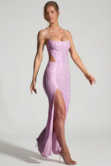 Embellished Cut-Out Fishtail Maxi Dress in Peony Pink