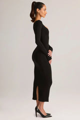Modal Peekaboo Long-Sleeve Midi Dress in Black