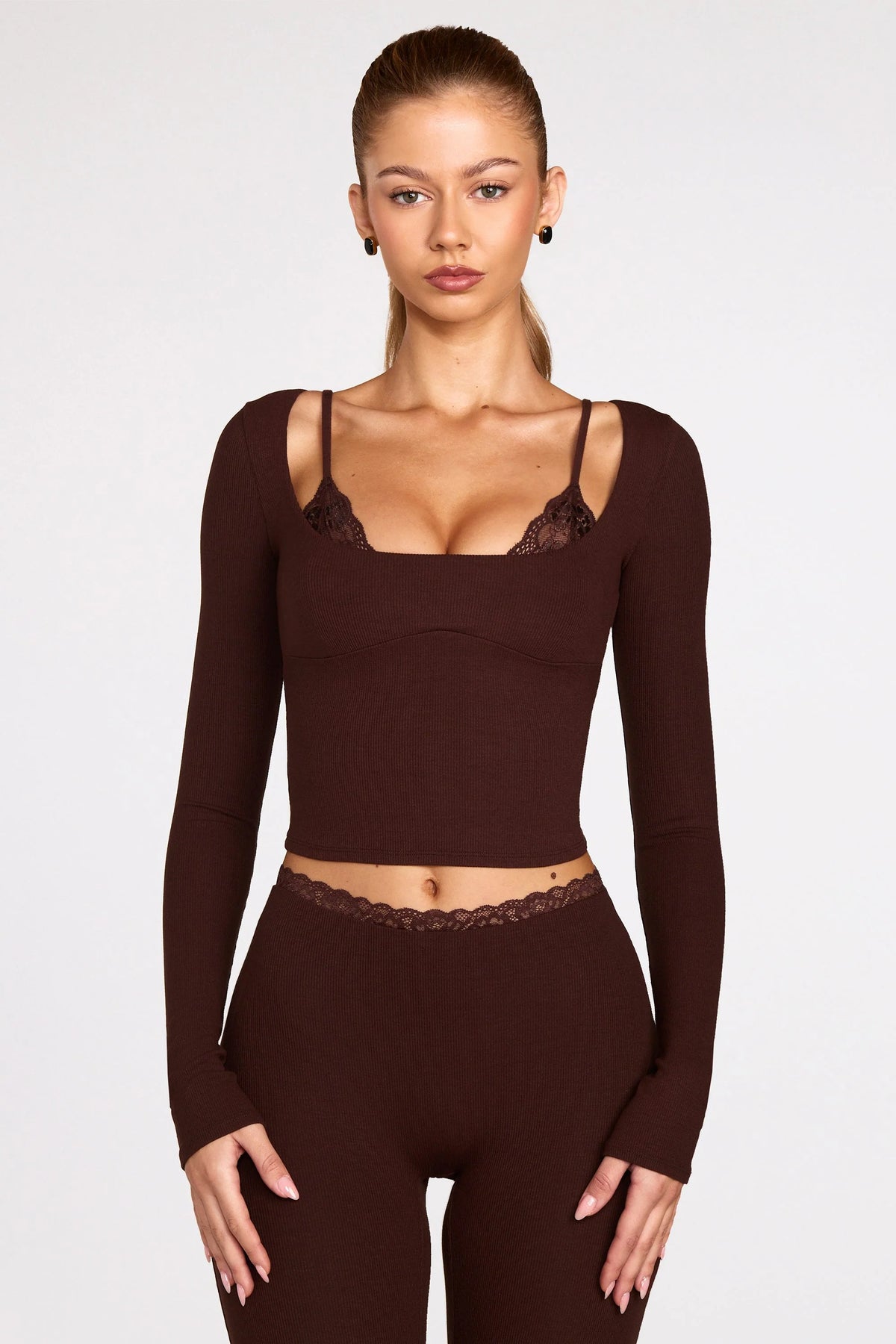 Ribbed Modal Long-Sleeve Laced Bra Top in Chocolate Brown
