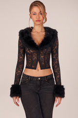 Sheer Lace Faux-Fur-Trim Cardigan in Black