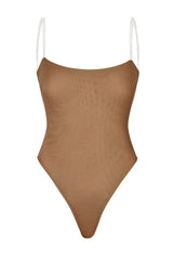 Soft Mesh Clear Strap Bodysuit in Almond