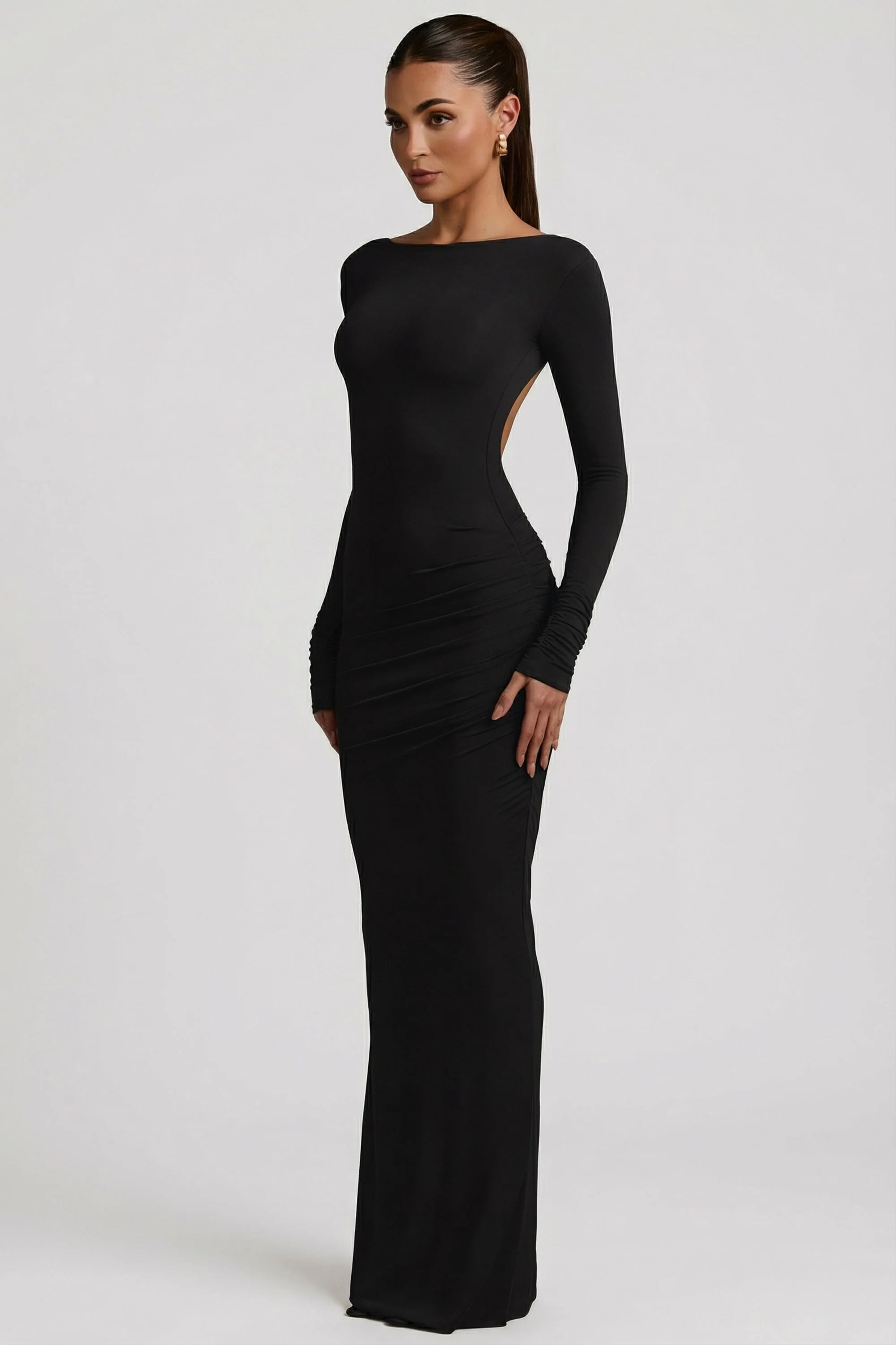 Modal Ruched Backless Maxi Dress in Black