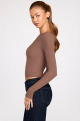 Ribbed Modal Ruched Long-Sleeve Top in Mocha