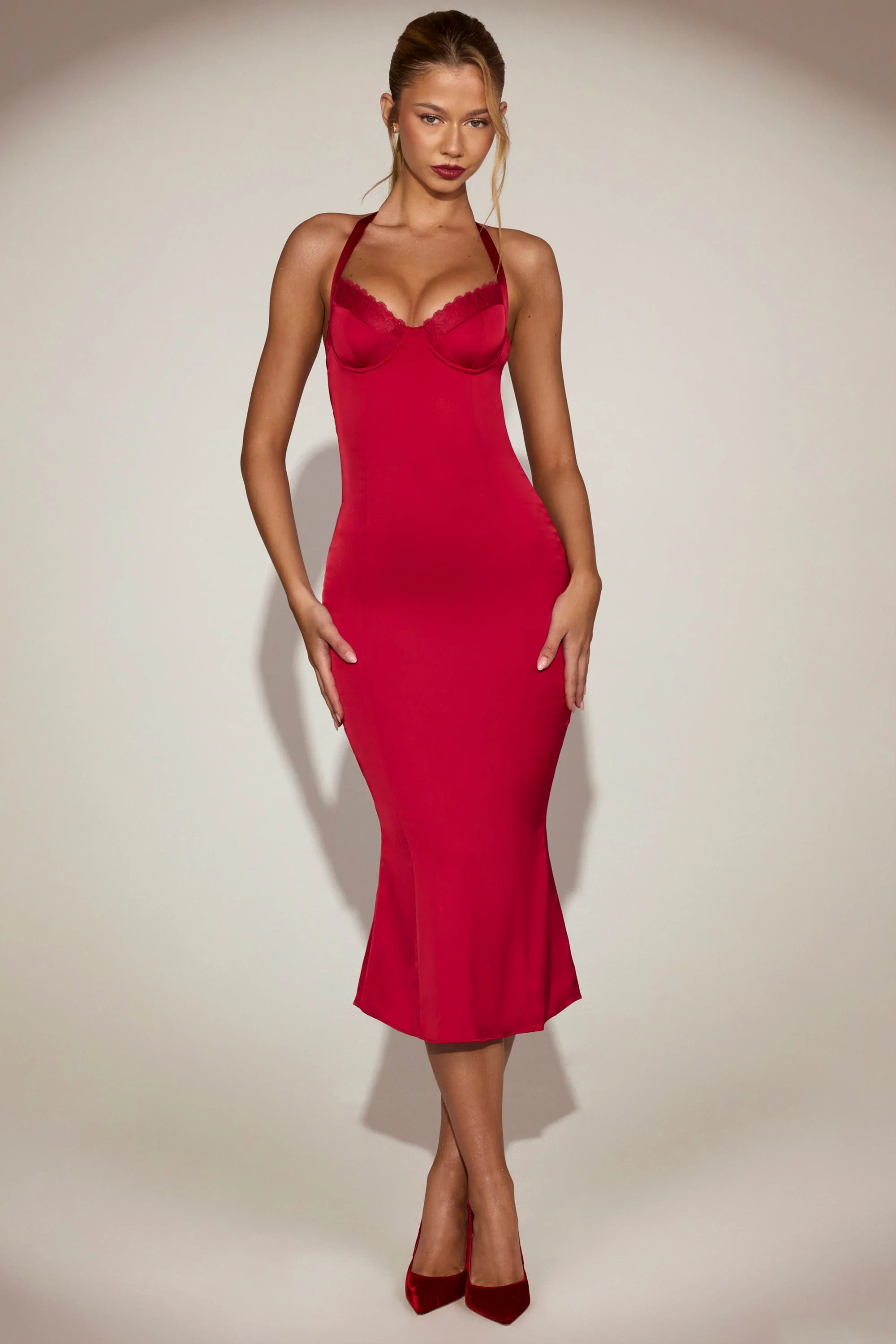 Satin Sweetheart Bustier Fishtail Midaxi Dress in True Red