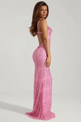 Embellished Cowl-Neck Backless Maxi Dress in Pink