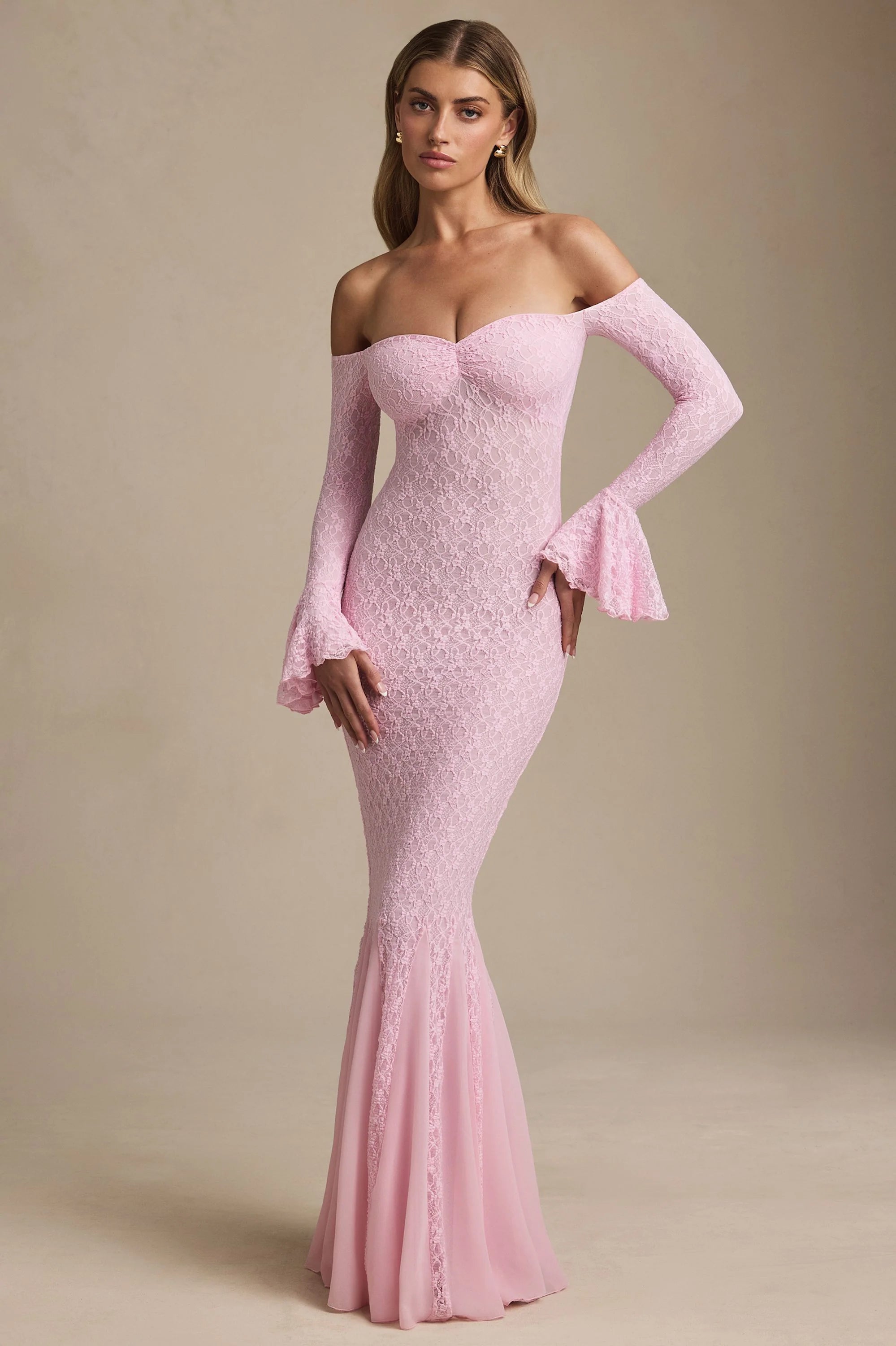 Off-Shoulder Ruffle Lace Maxi Dress in Soft Pink