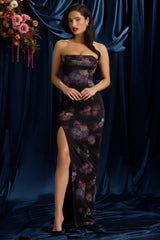 Bandeau Cowl-Neck Maxi Dress in Black Floral Print