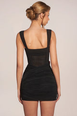 Corseted Draped Skirt Mini Dress in Black