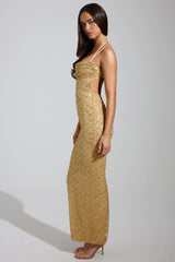 Embellished Cowl-Neck Maxi Dress in Gold