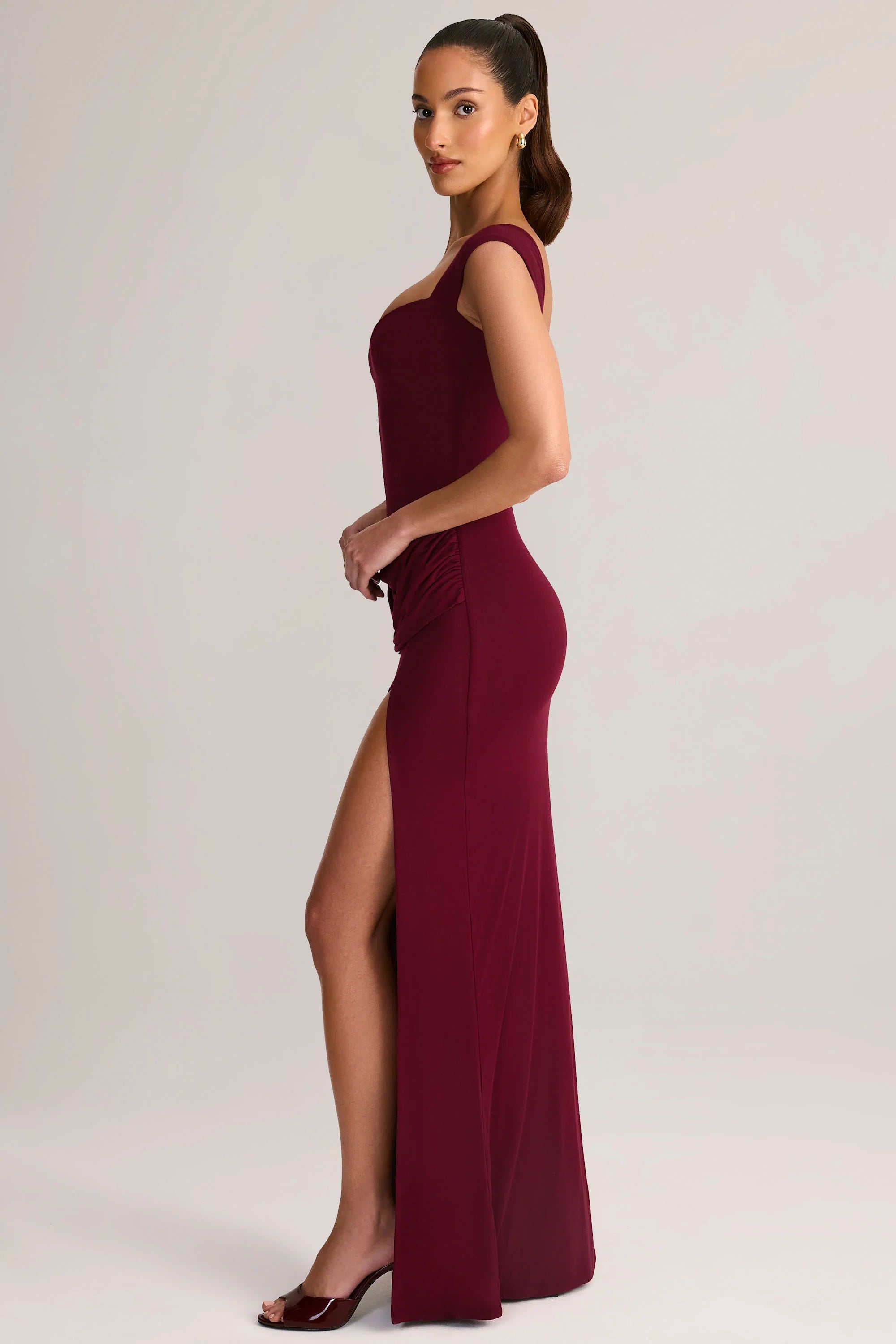 Modal Sweetheart-Neck Cowl-Waist Maxi Dress in Wine