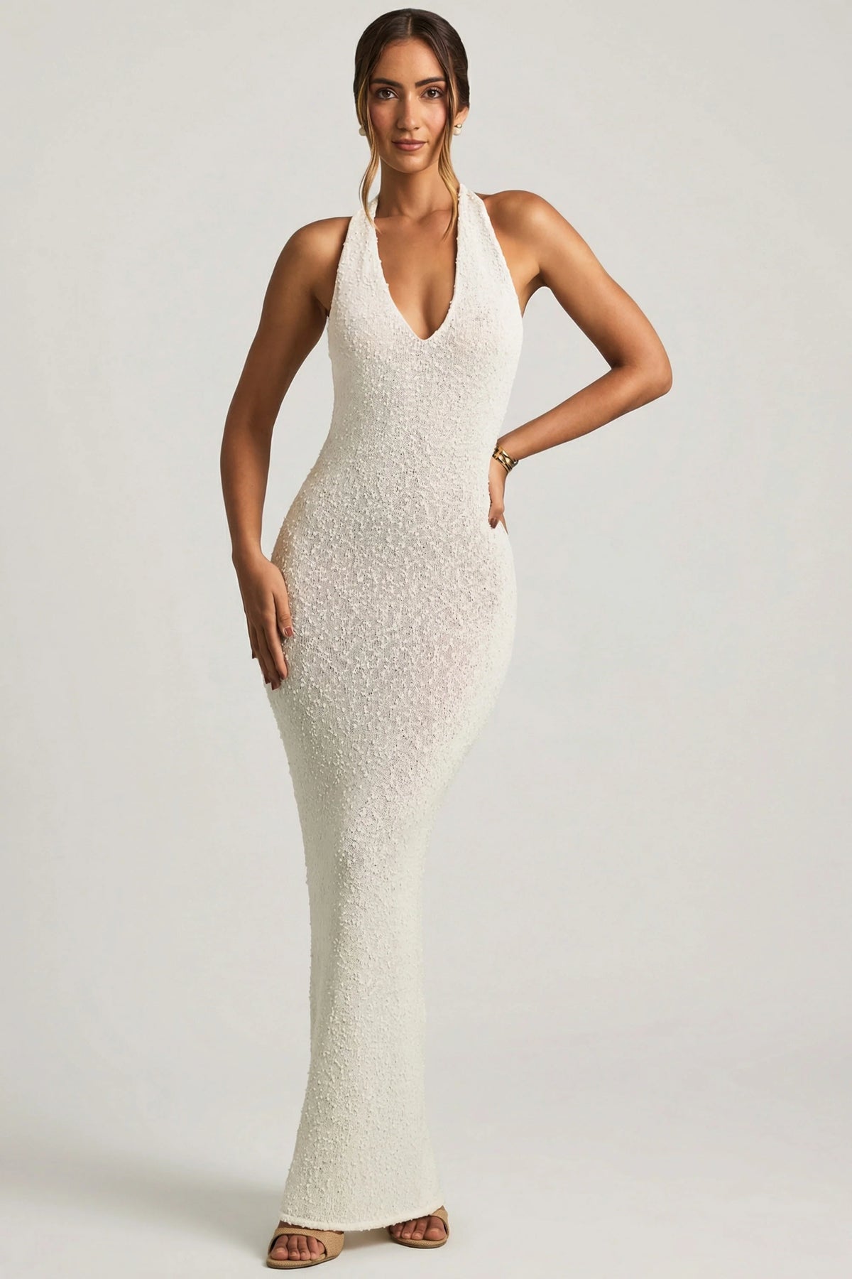 Bouclé Halterneck Maxi Dress in White