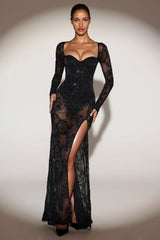 Embellished Bodysuit Corset Gown Dress in Black