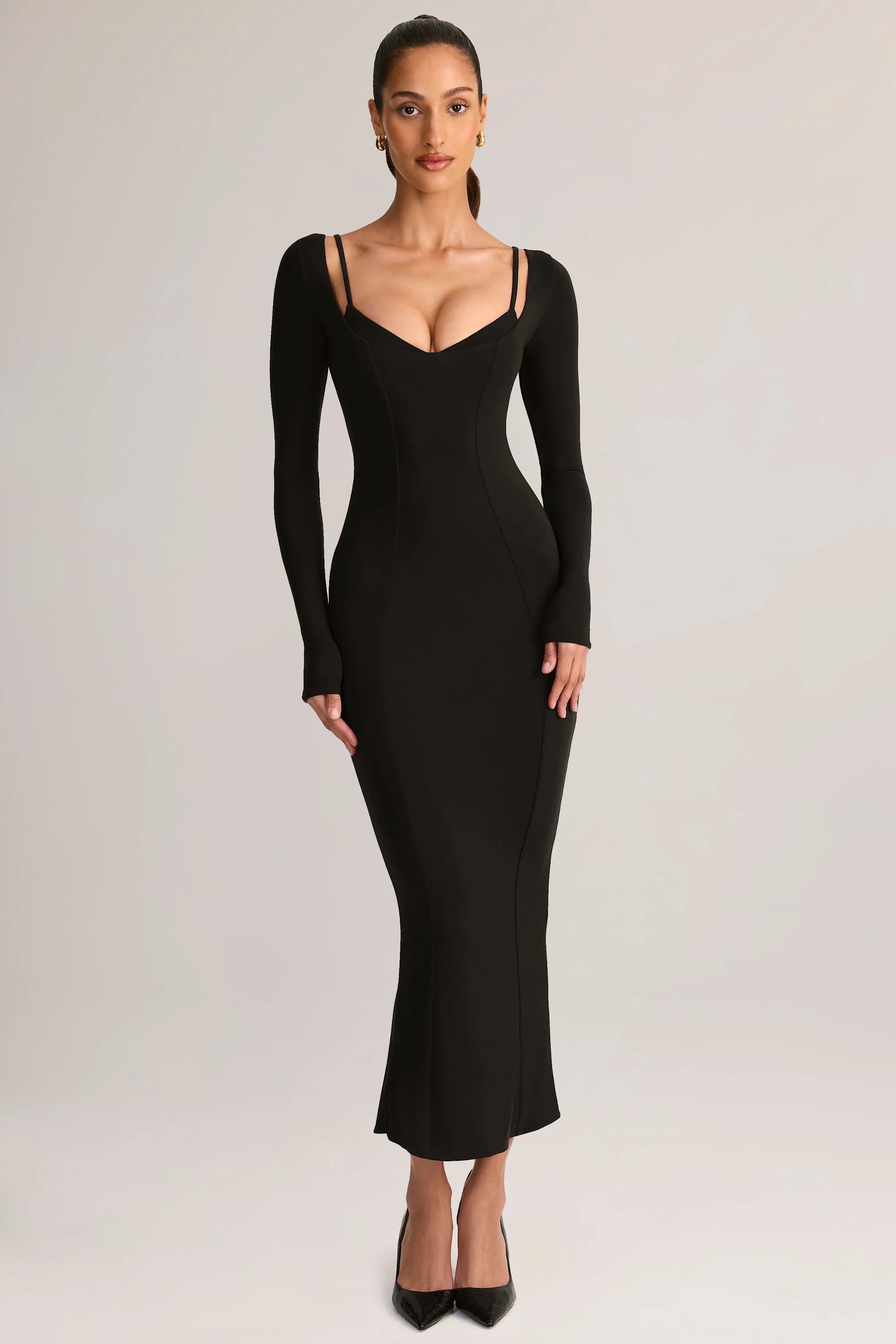 Modal Peekaboo Long-Sleeve Midi Dress in Black