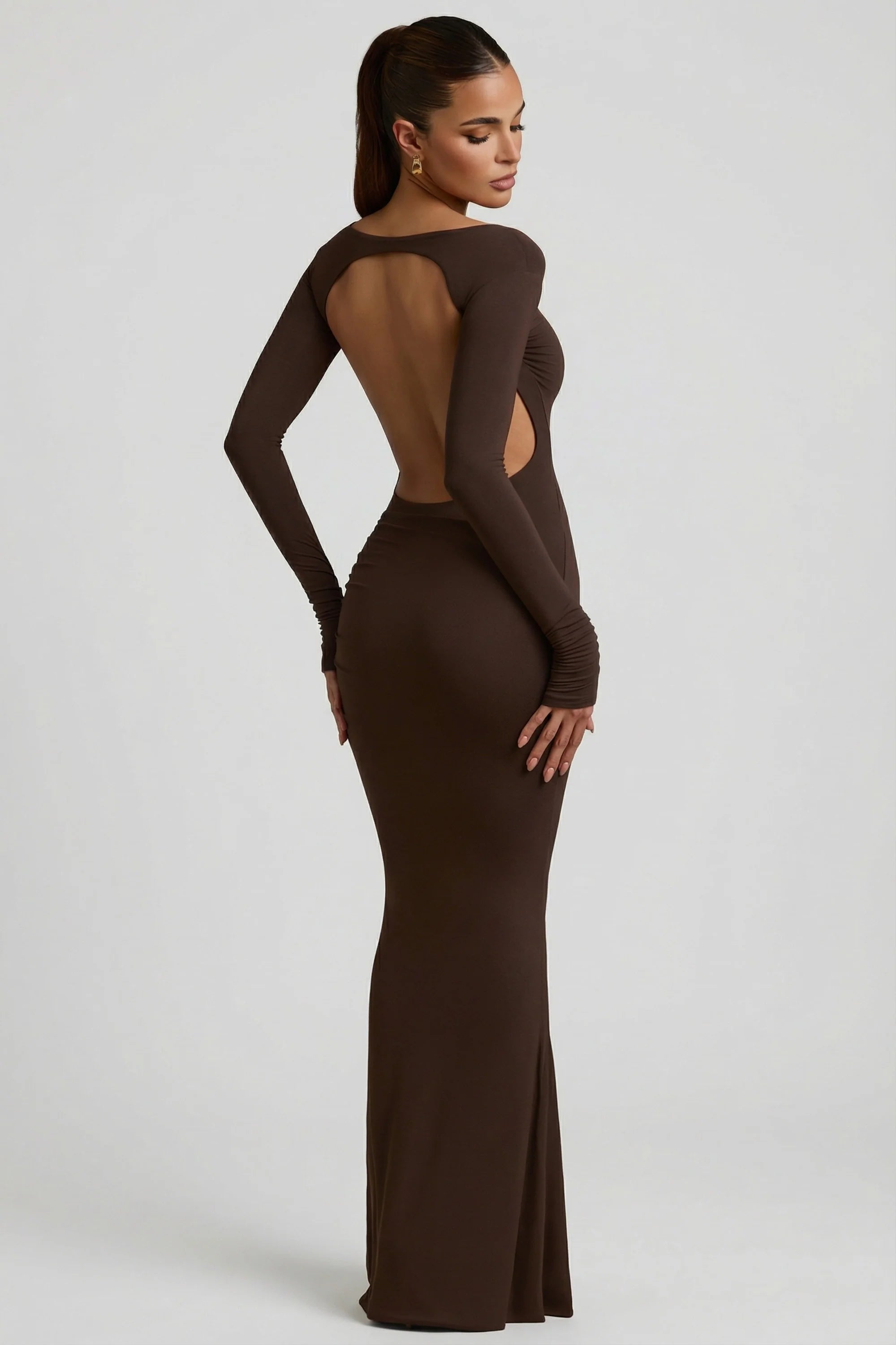 Modal Ruched Backless Maxi Dress in Chocolate Brown