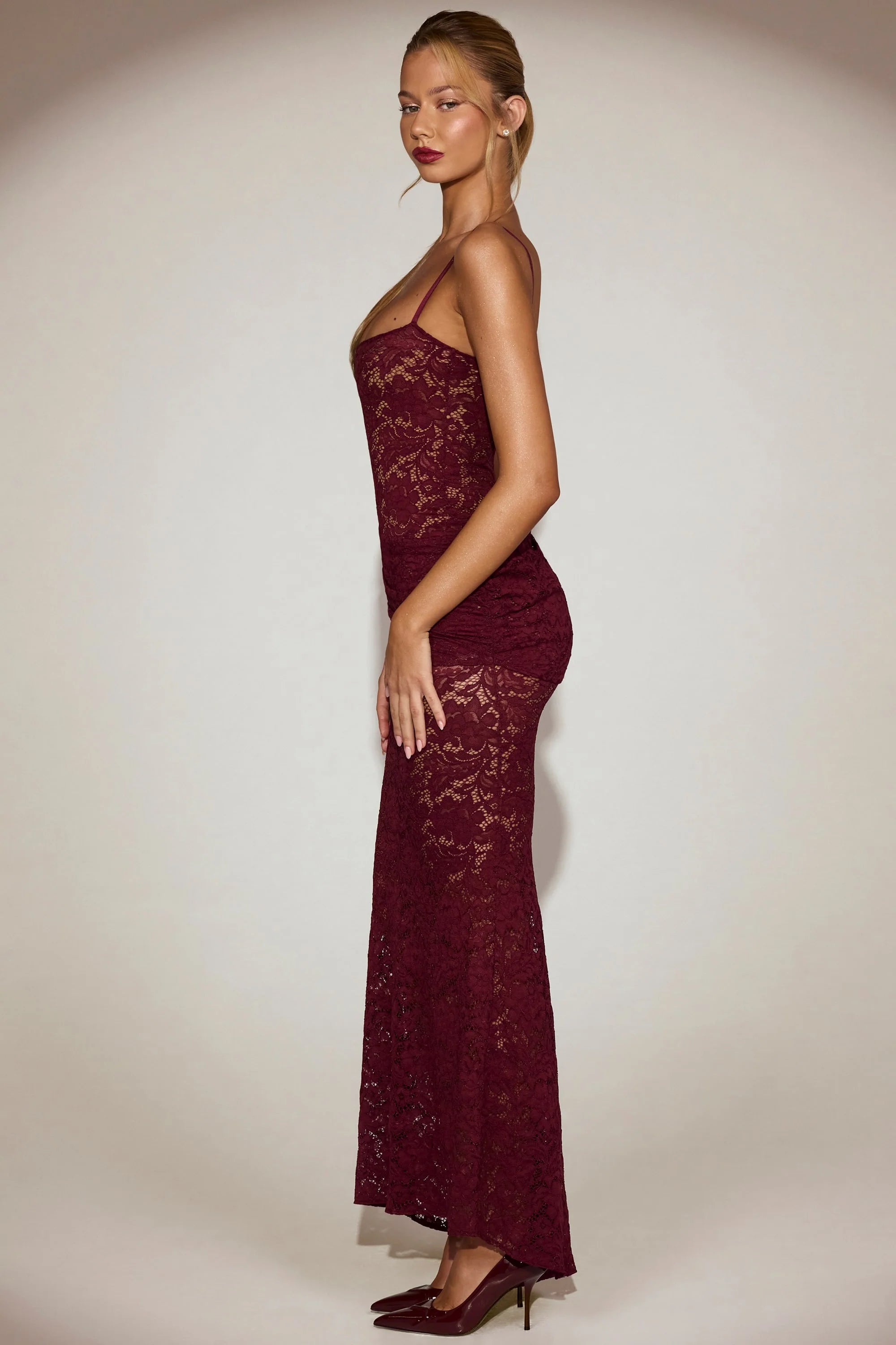 Sheer Lace Square-Neck Ruched Gown in Wine Red