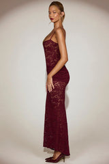 Sheer Lace Square-Neck Ruched Gown in Wine Red