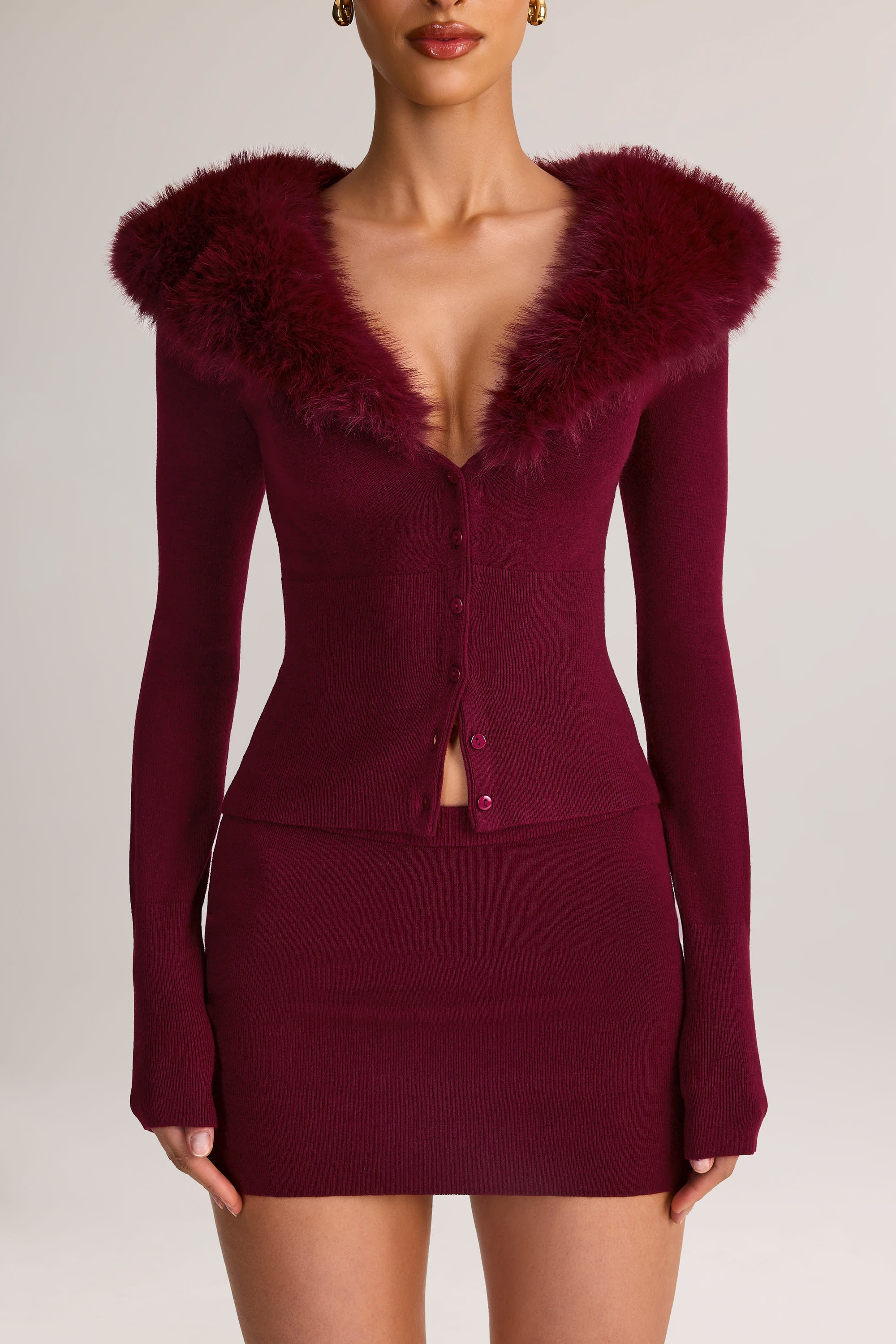 Knit Faux-Fur-Trim Cardigan in Wine