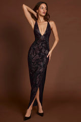 Embellished Halterneck Maxi Dress in Purple Snake